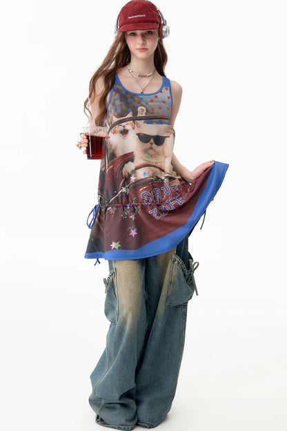 Robe sans manches streetwear rétro américaine à imprimé chat