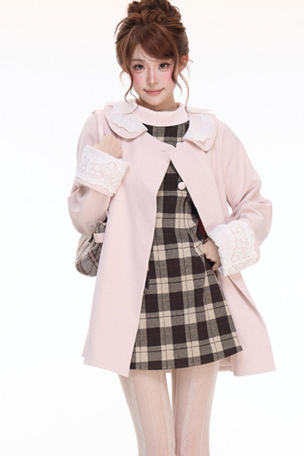 Double-Breasted Trench Coat and Plaid Dress Set-Up