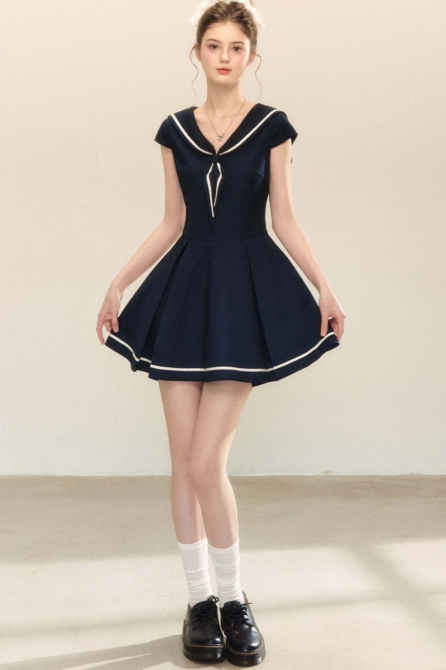 Navy Blue Sailor Collar A-Line Dress
