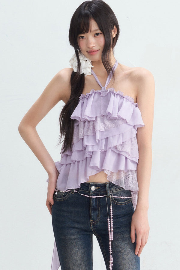 Multi-Layer Ruffle Lace Halter Top and Pants Set