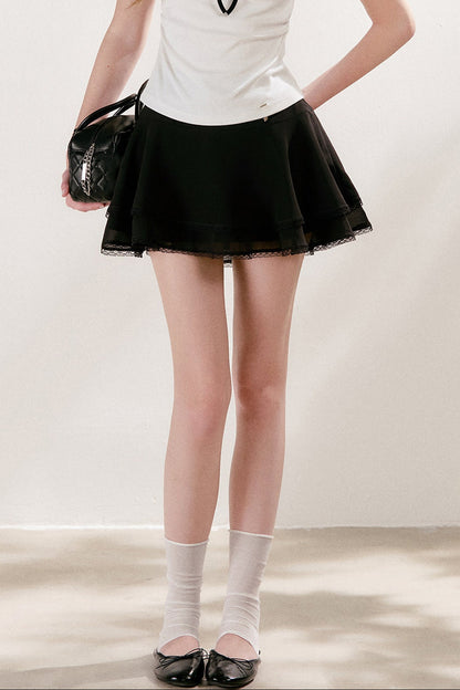 Double-Layer Chiffon Lace Trim A-Line Cake Skirt