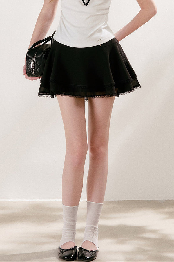 Double-Layer Chiffon Lace Trim A-Line Cake Skirt