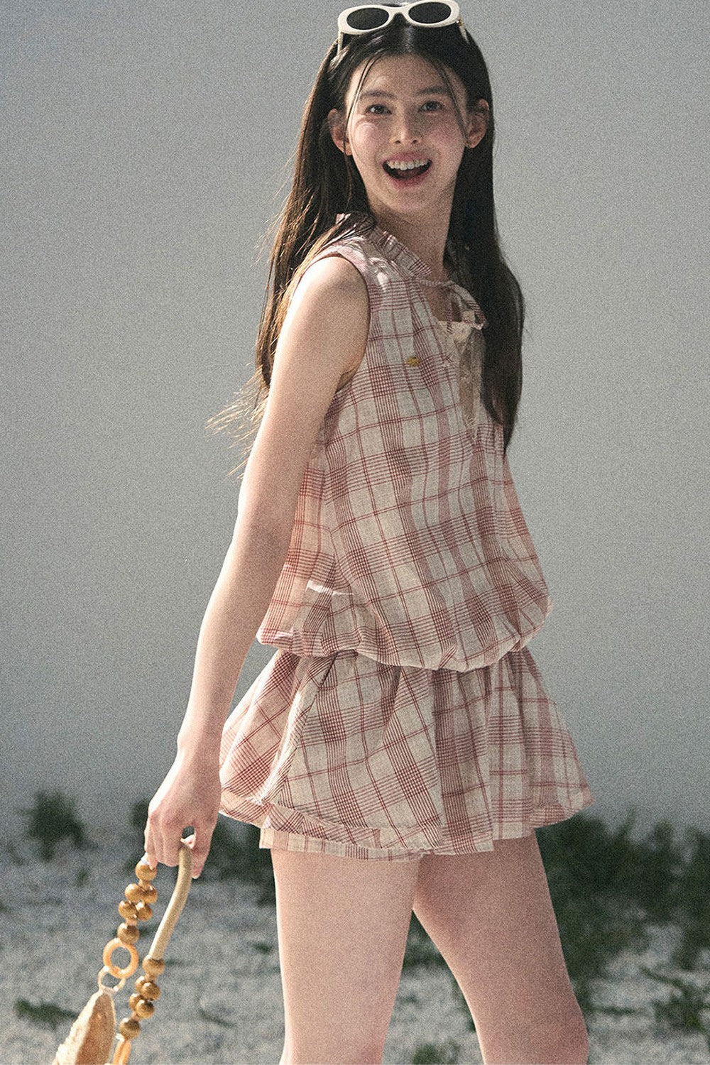 Lace Plaid Puff Dress Set