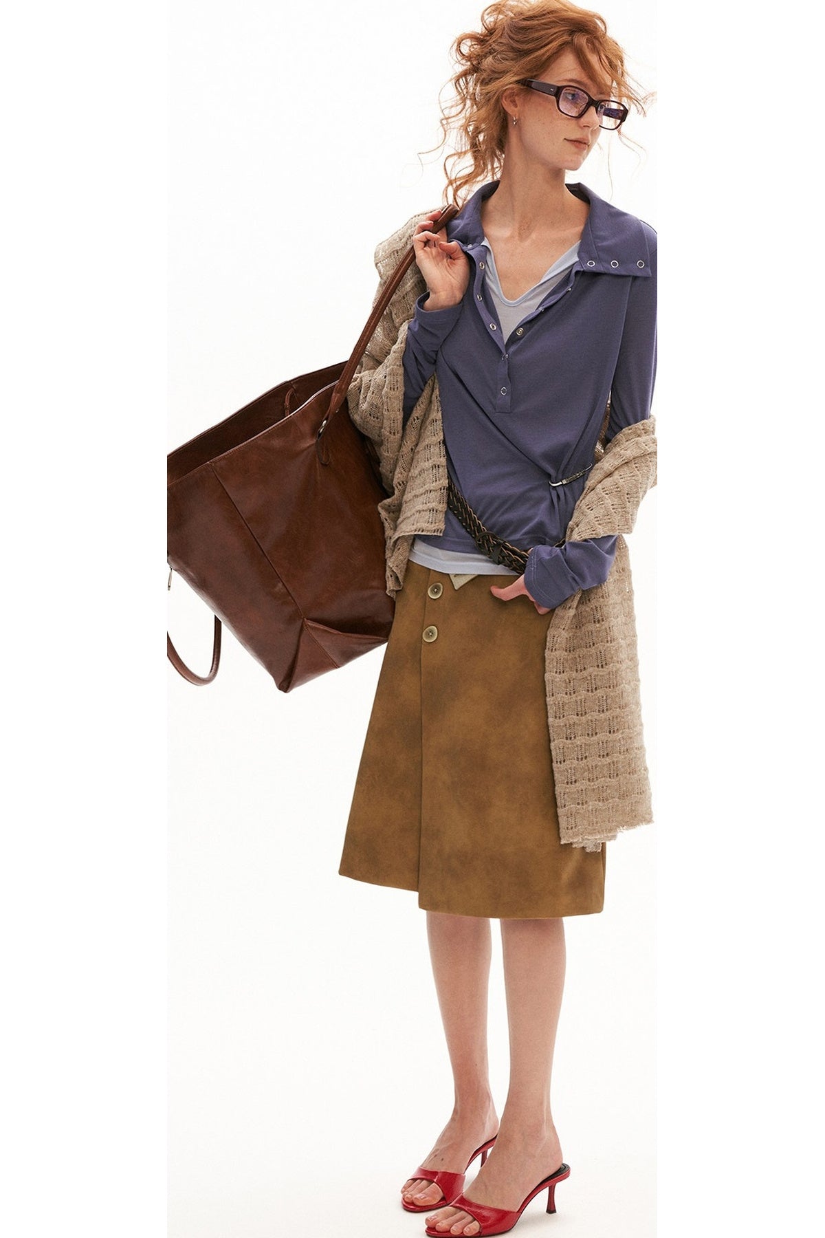 Irregular Waist Leather-Effect Button Skirt