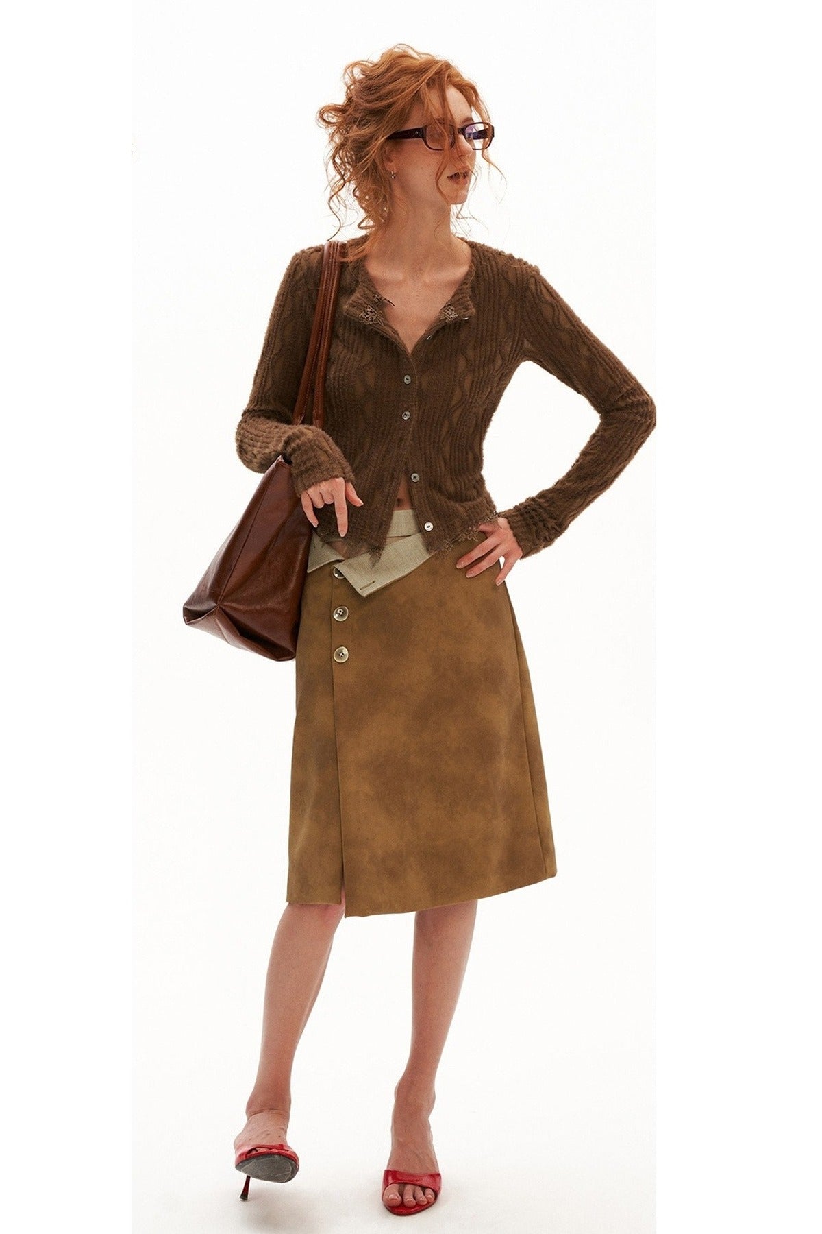 Irregular Waist Leather-Effect Button Skirt