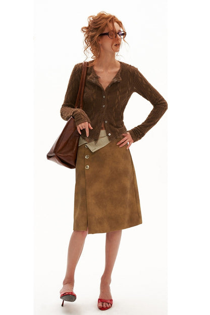 Irregular Waist Leather-Effect Button Skirt