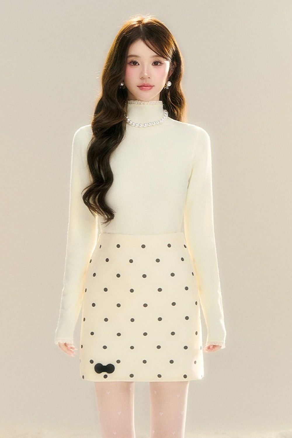 High-Waisted Drapey Polka Dot Woolen Skirt