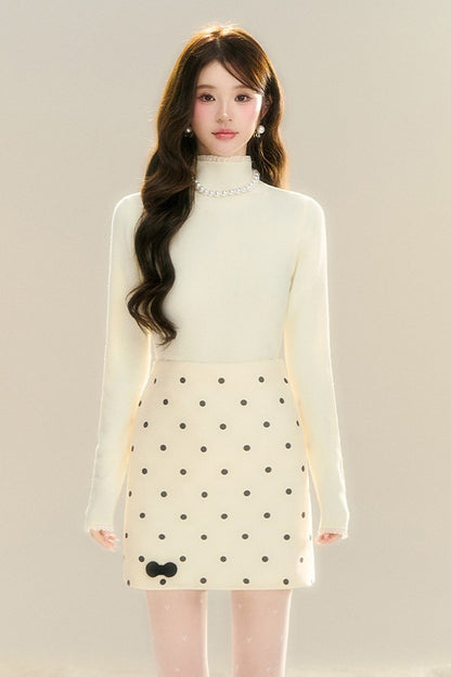 High-Waisted Drapey Polka Dot Woolen Skirt