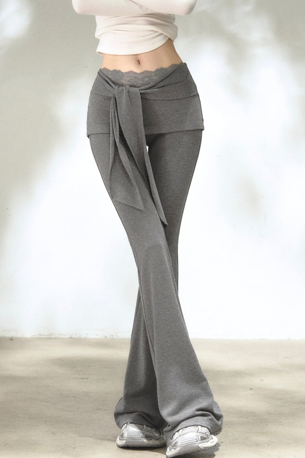 Fold-Over Waist Lace Tie-Up Flared Pants