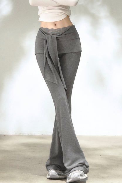 Fold-Over Waist Lace Tie-Up Flared Pants