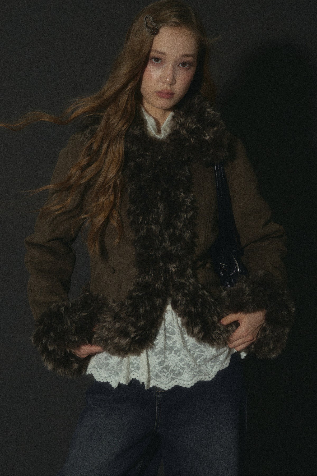 Faux Suede Short Fuzzy Collar Jacket