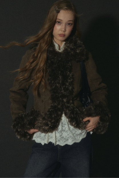Faux Suede Short Fuzzy Collar Jacket