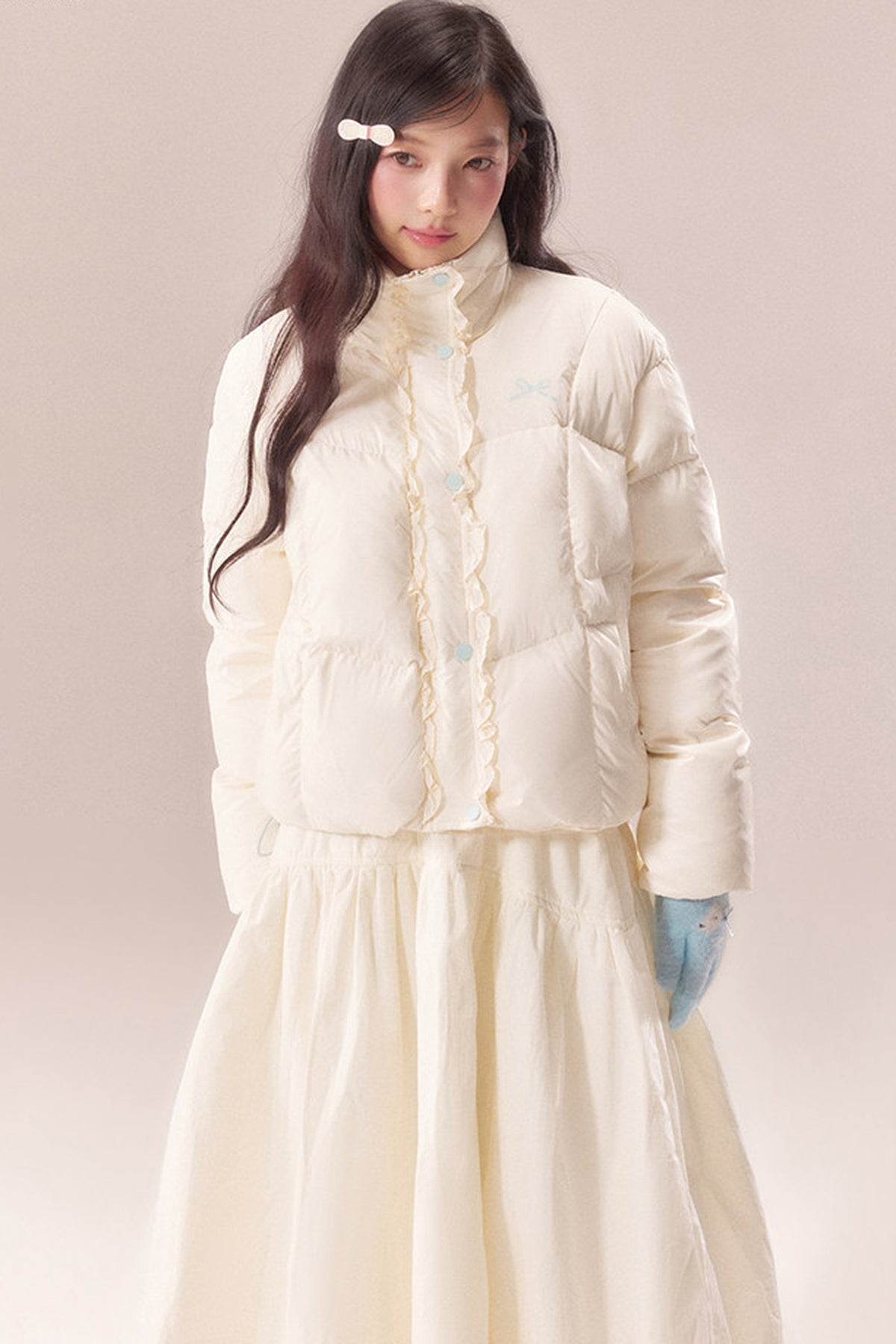 Short Embroidered Bow Lace Down Jacket