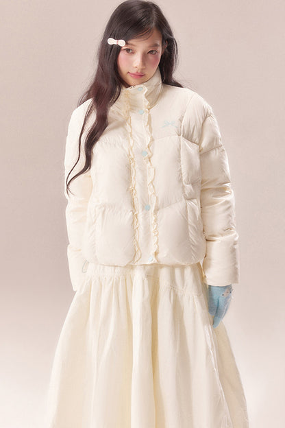 Short Embroidered Bow Lace Down Jacket