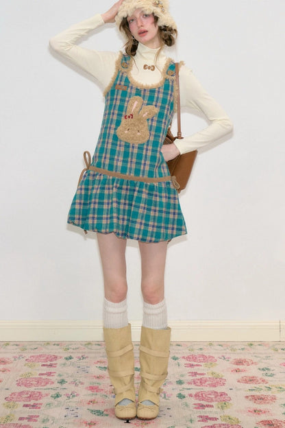 Plaid Bunny Pocket Vest Dress