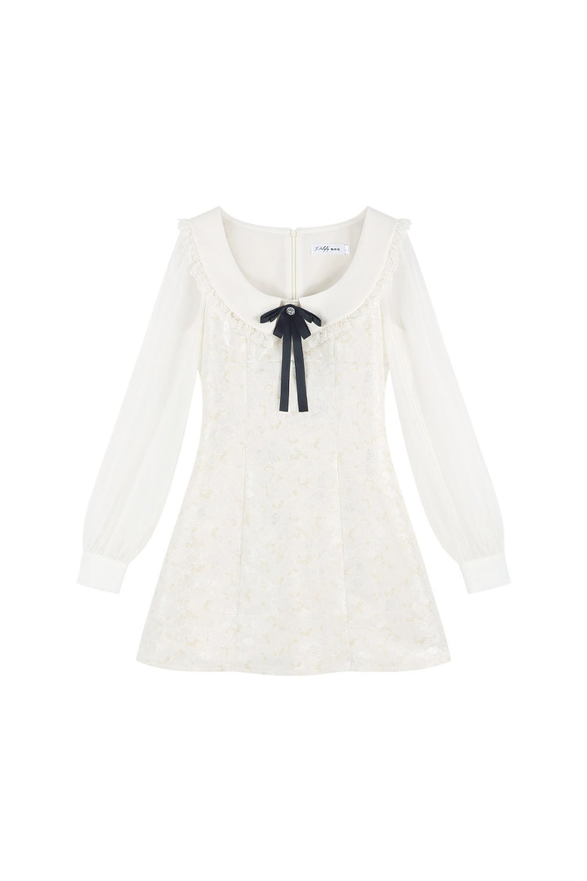 Waist-Cinching A-Line Jacquard Long-Sleeve Dress