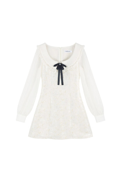 Waist-Cinching A-Line Jacquard Long-Sleeve Dress