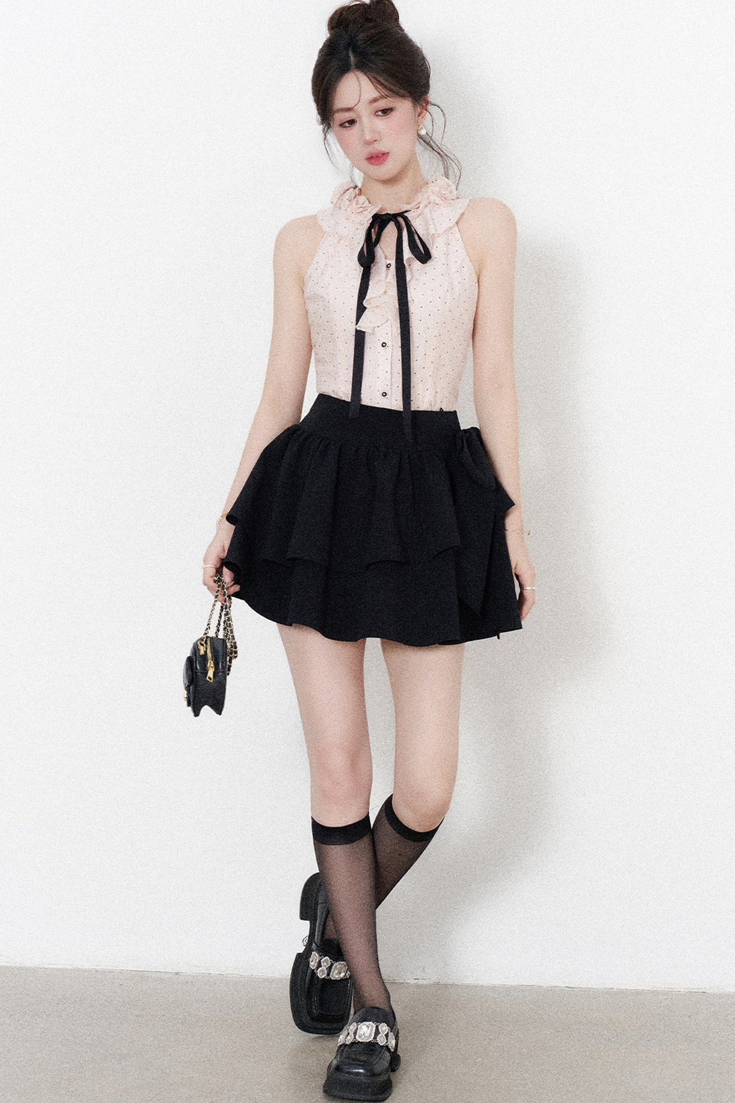 Pink Polka Dot Halter Neck Tencel Shirt and Skirt Set