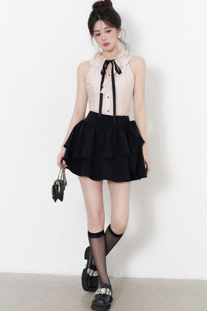 Pink Polka Dot Halter Neck Tencel Shirt and Skirt Set