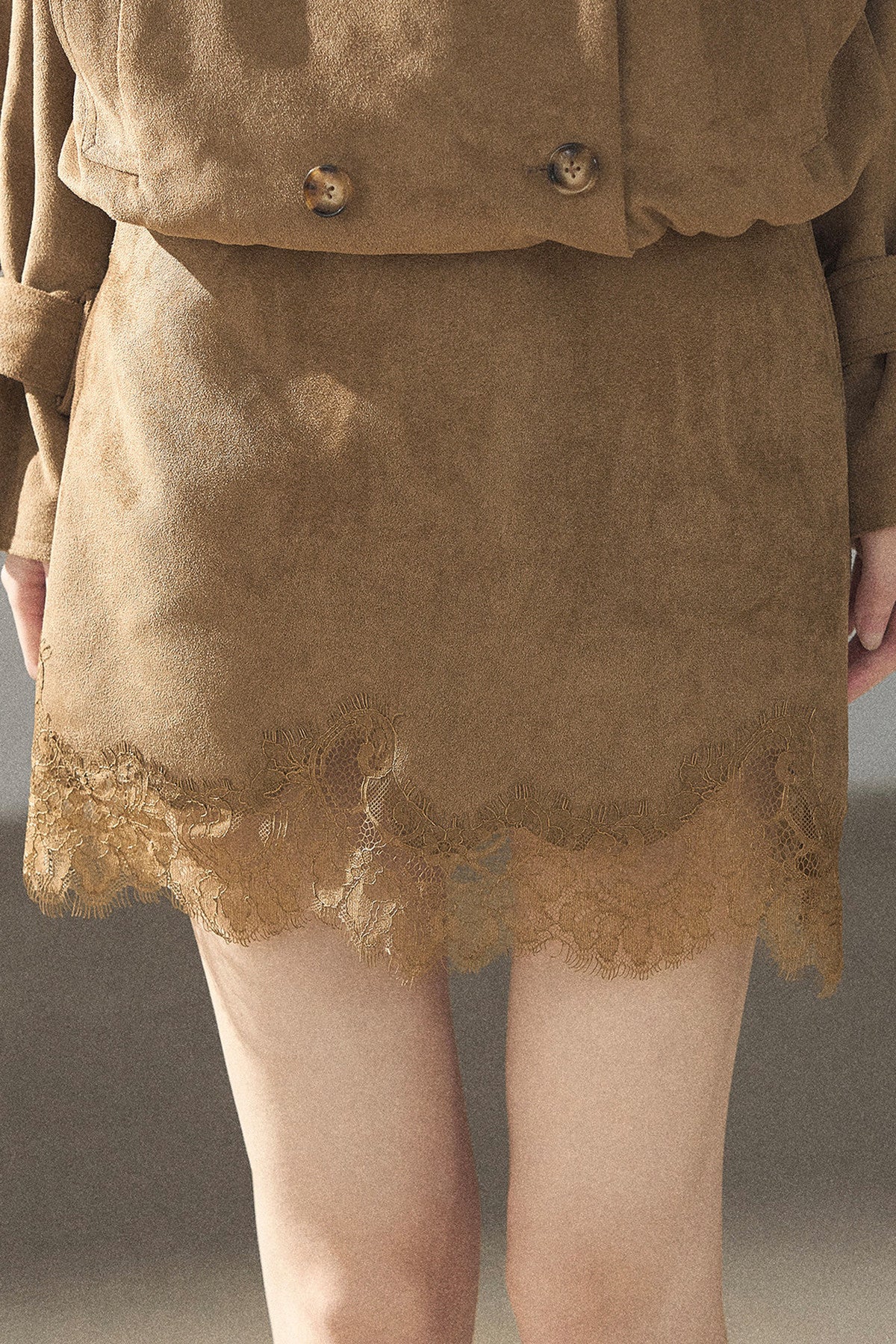 Double-Breasted Faux Suede Trench Coat and Skirt