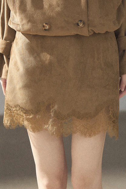 Double-Breasted Faux Suede Trench Coat and Skirt