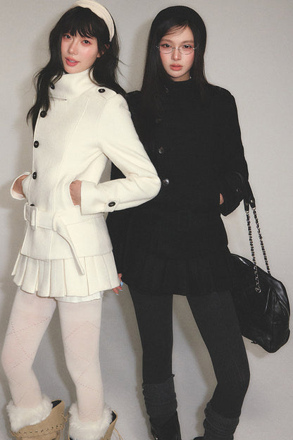 Detachable Belt Woolen Coat and Pleated Skirt Set-Up
