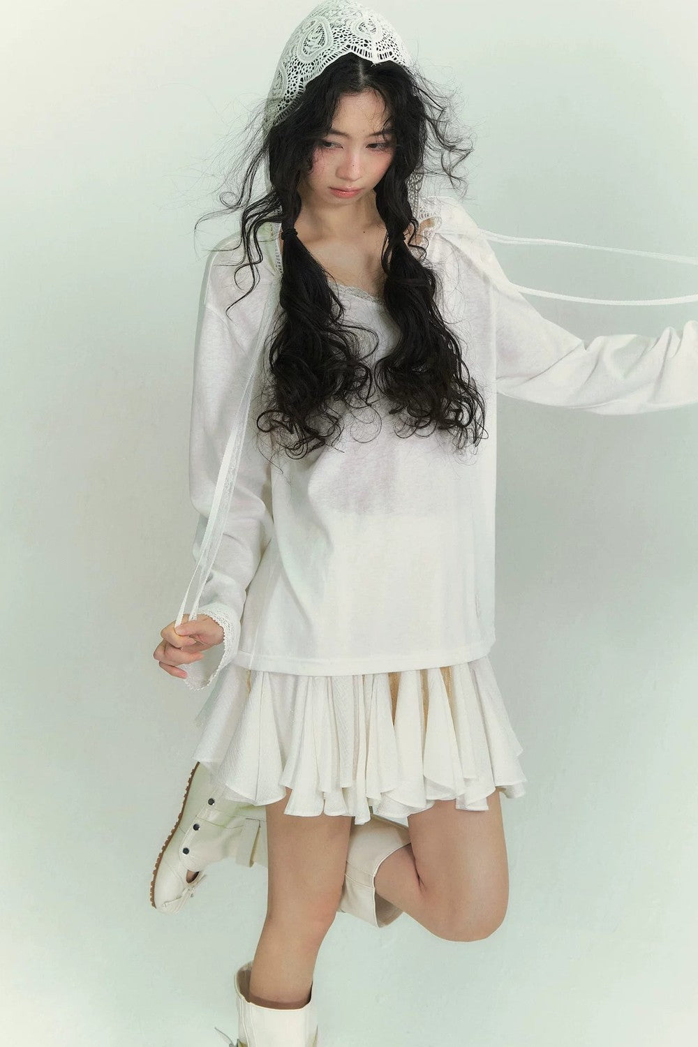 Somesowe Lace Ribbon Hooded T-Shirt