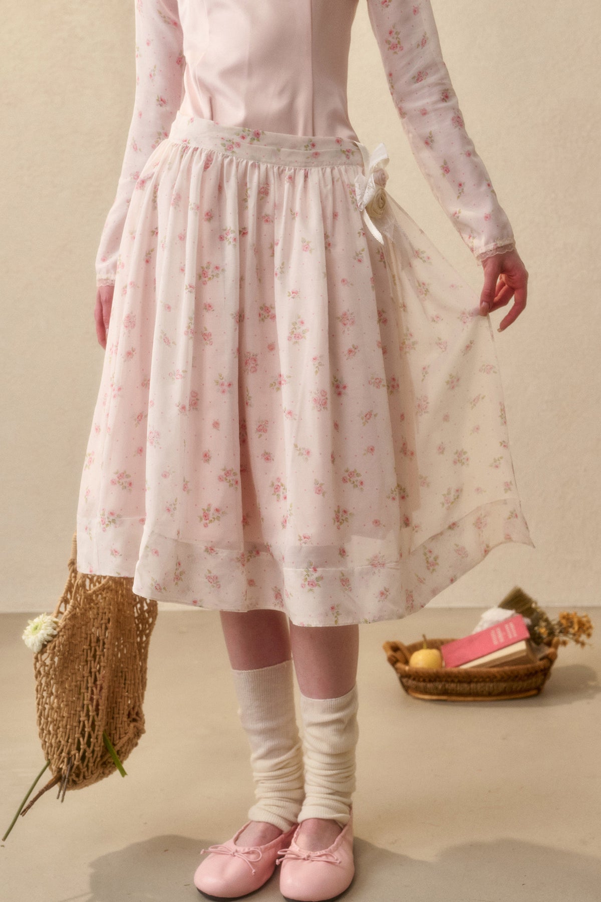 Peach Floral Satin Tencel Dress With Skirt Set-Up