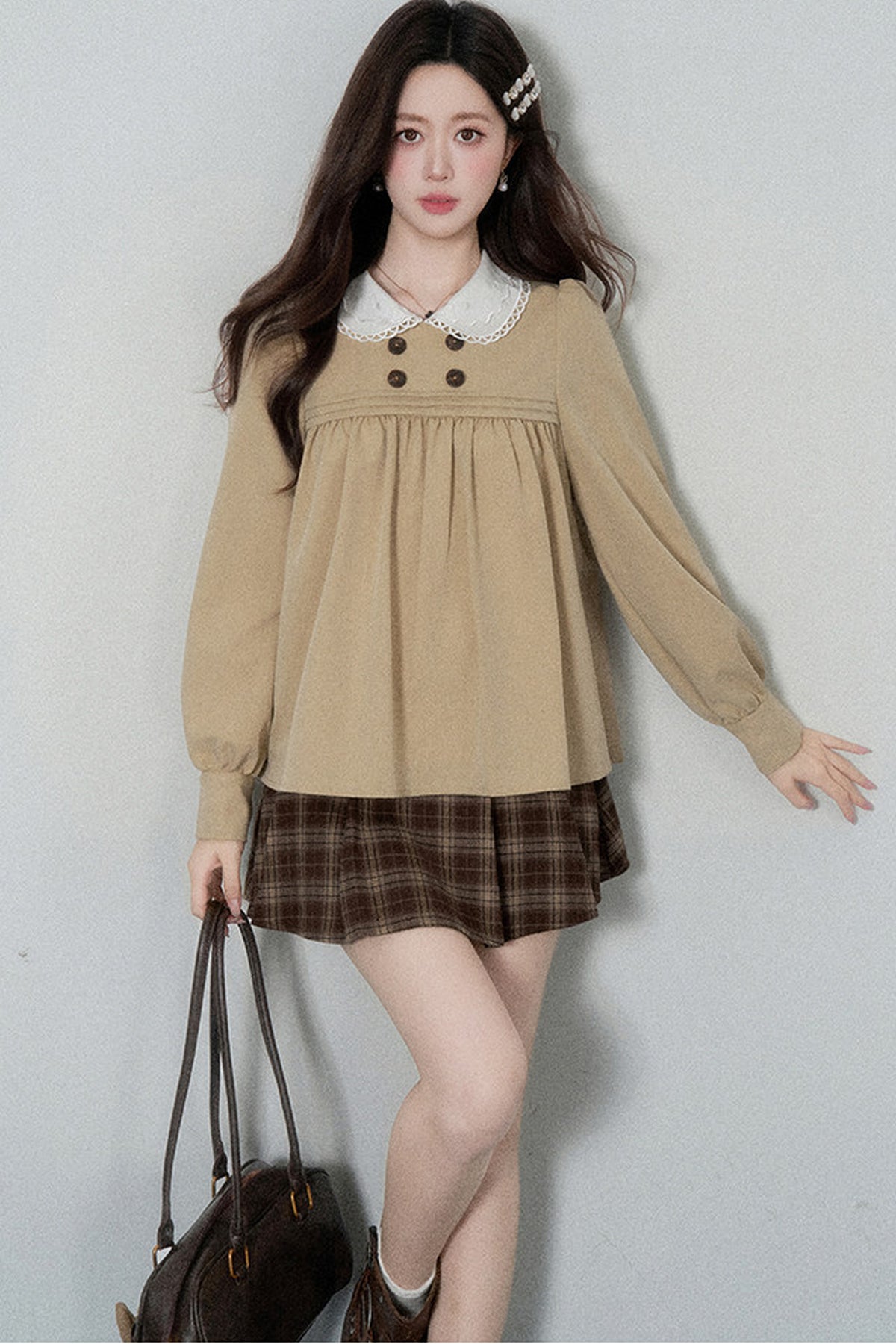 Khaki Doll Collar Pullover Shirt and Skirt Set-Up