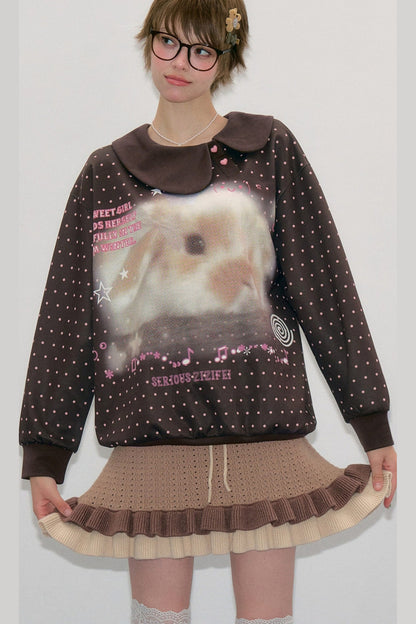 Polka Dot Rabbit Print Doll Collar Sweatshirt