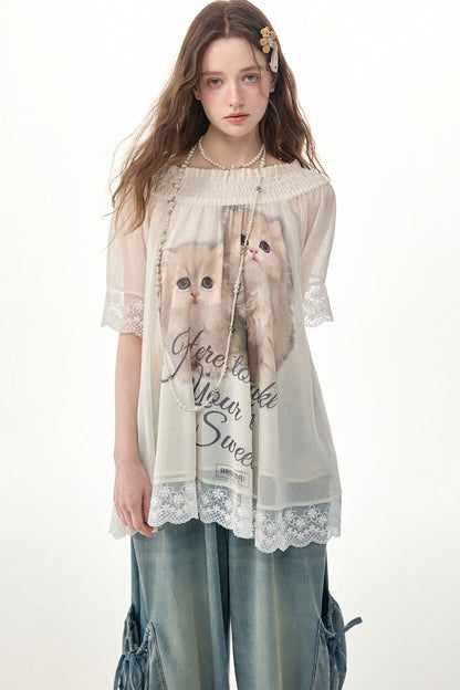 Cat Print Off-Shoulder Lace Trim Top