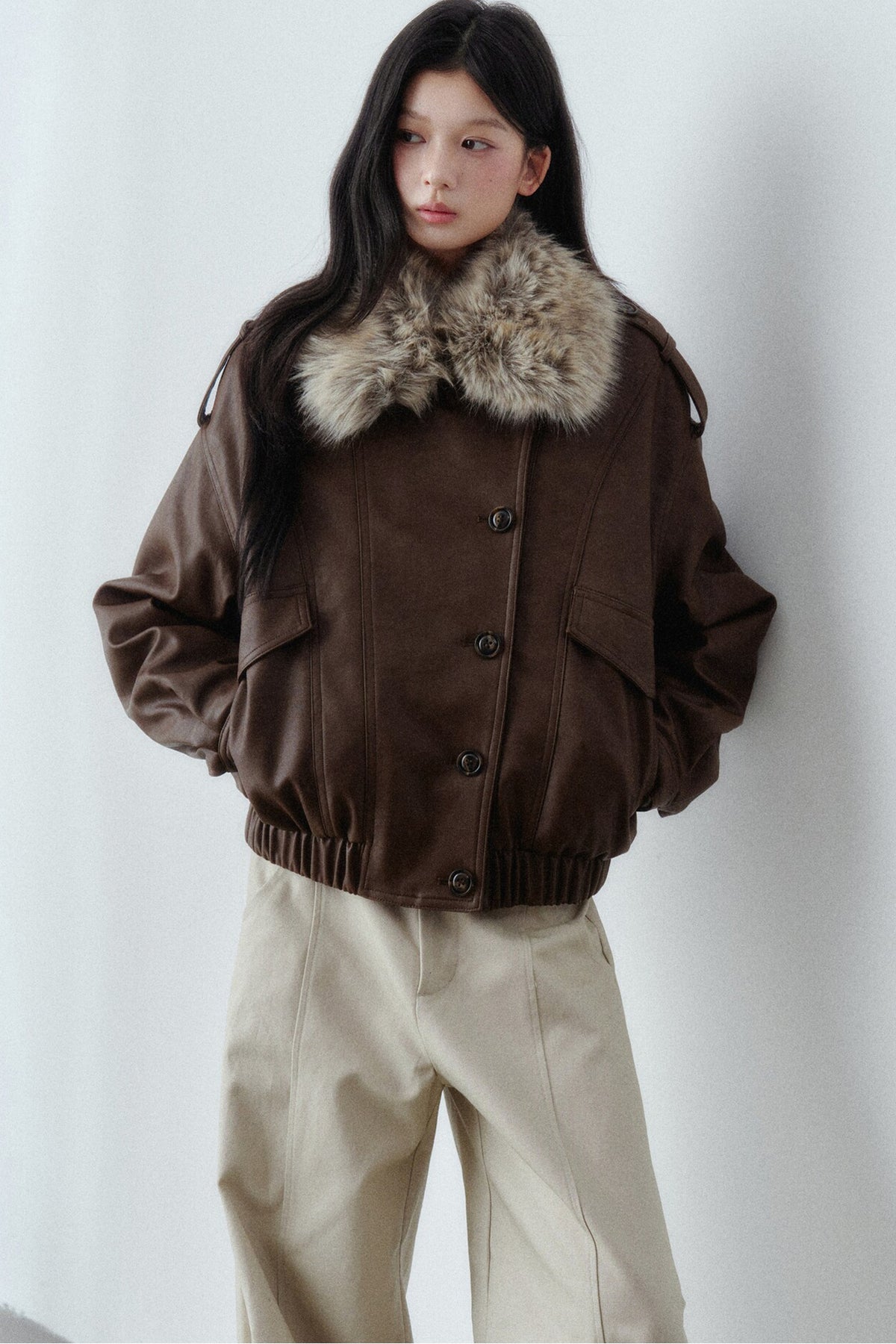 Fur Collar Button-Up Short Jacket