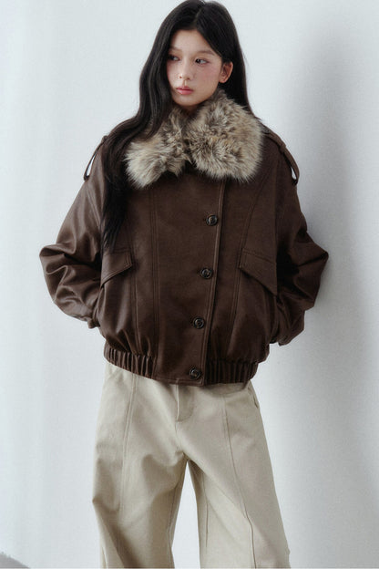 Fur Collar Button-Up Short Jacket