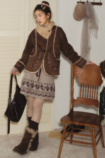 High-Waisted Floral Jacquard Knit A-Line Drawstring Skirt Set-Up