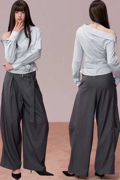 Off-Shoulder Ruched Belt Shirt