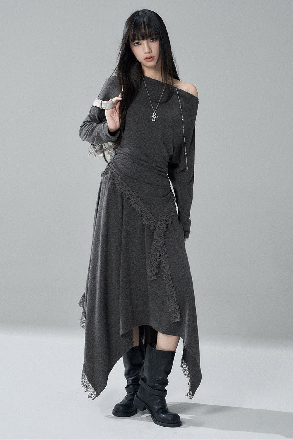 Gray Off-Shoulder Top and Irregular Hem Skirt Set-Up