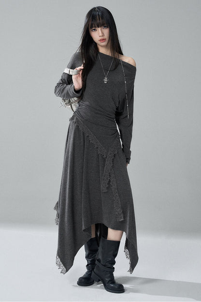 Gray Off-Shoulder Top and Irregular Hem Skirt Set-Up
