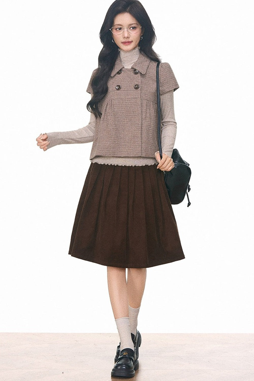Woolen Short Sleeve Top and Corduroy Midi Skirt Set-Up