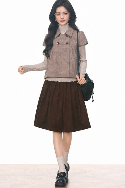 Woolen Short Sleeve Top and Corduroy Midi Skirt Set-Up