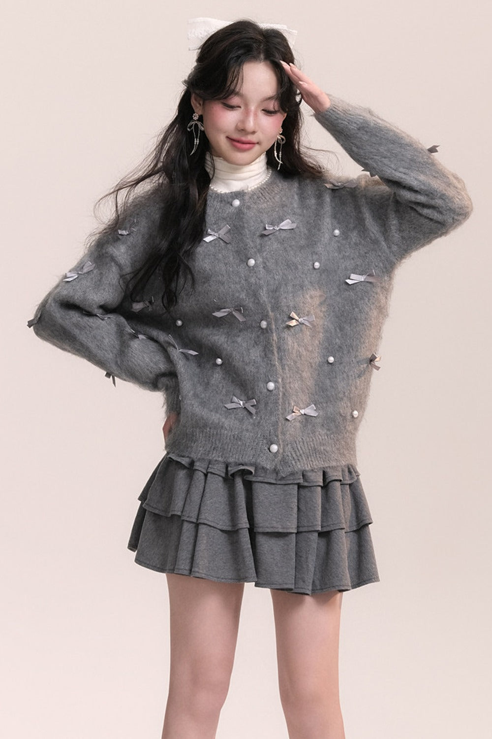 Ballet Bow Knit Cardigan With Skirt Set