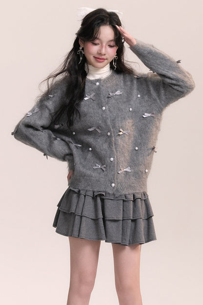 Ballet Bow Knit Cardigan With Skirt Set