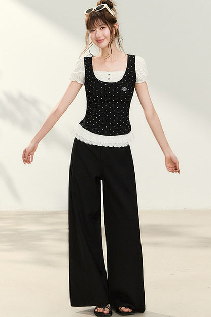 Polka Dot Lace Trim Puff Sleeve Top
