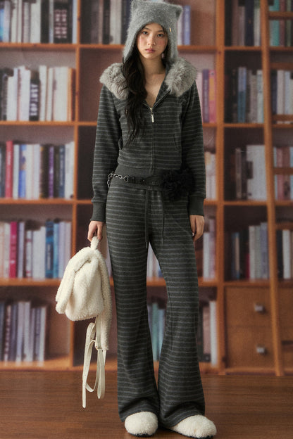 Striped Fur Collar Hooded Sweatshirt and Pants Set-Up