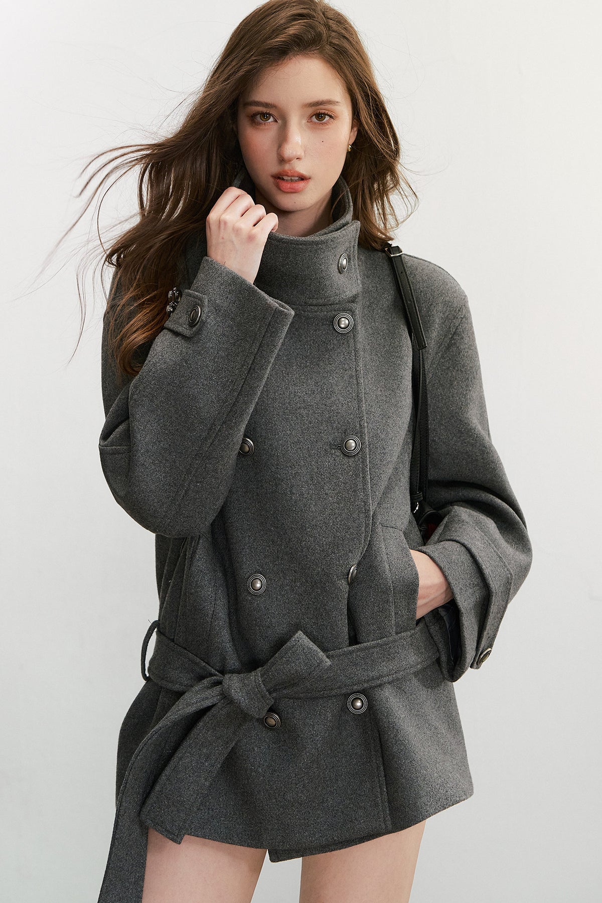 50% Wool Double-Breasted Tie Waist Jacket