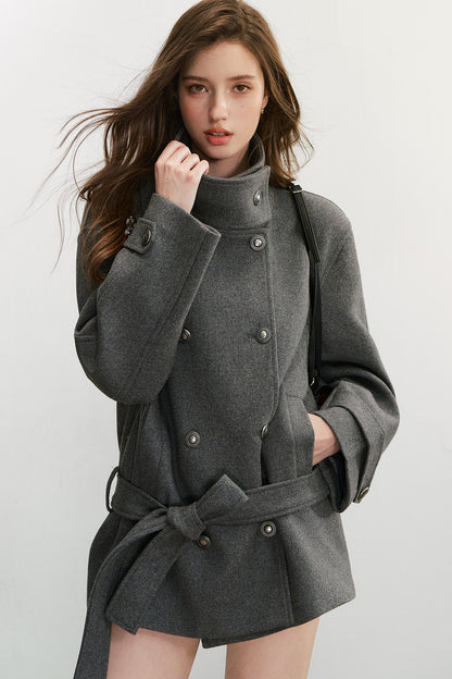 50% Wool Double-Breasted Tie Waist Jacket