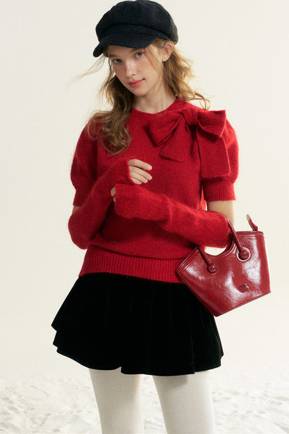 Bowknot Puff Sleeve Knitted Sweater