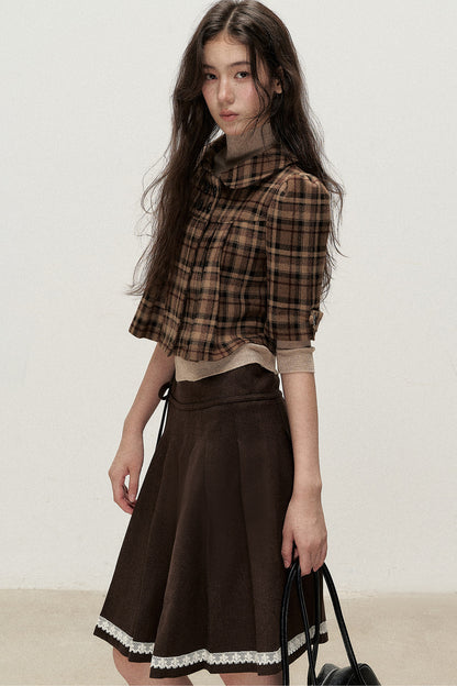 Vintage Woolen Pleated Mid-Sleeve Top