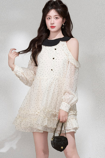 Off-Shoulder Polka Dot Chiffon Dress