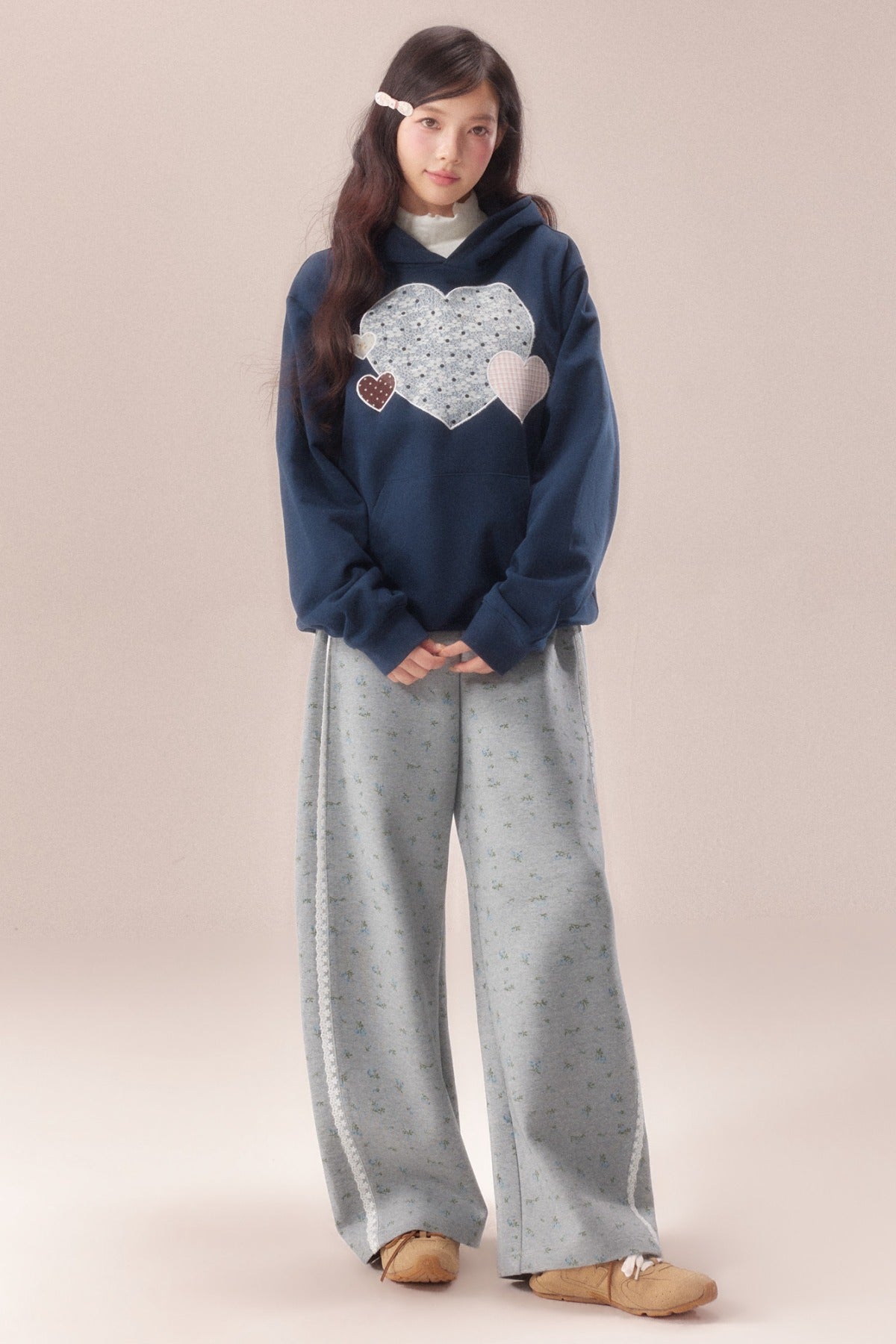 Heart Patchwork Embroidered Hooded Sweatshirt