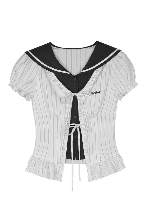 White Sailor-Collar Striped Top
